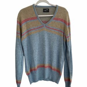 Vintage Puritan V-Neck Sweater with Blue, Tan, and Red Stripes